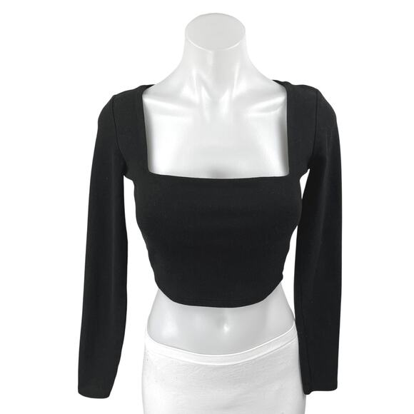 Zara Women's Black Long Sleeve Square Neck Blouse T Shirt Tee Crop Top Size M - Picture 1 of 3